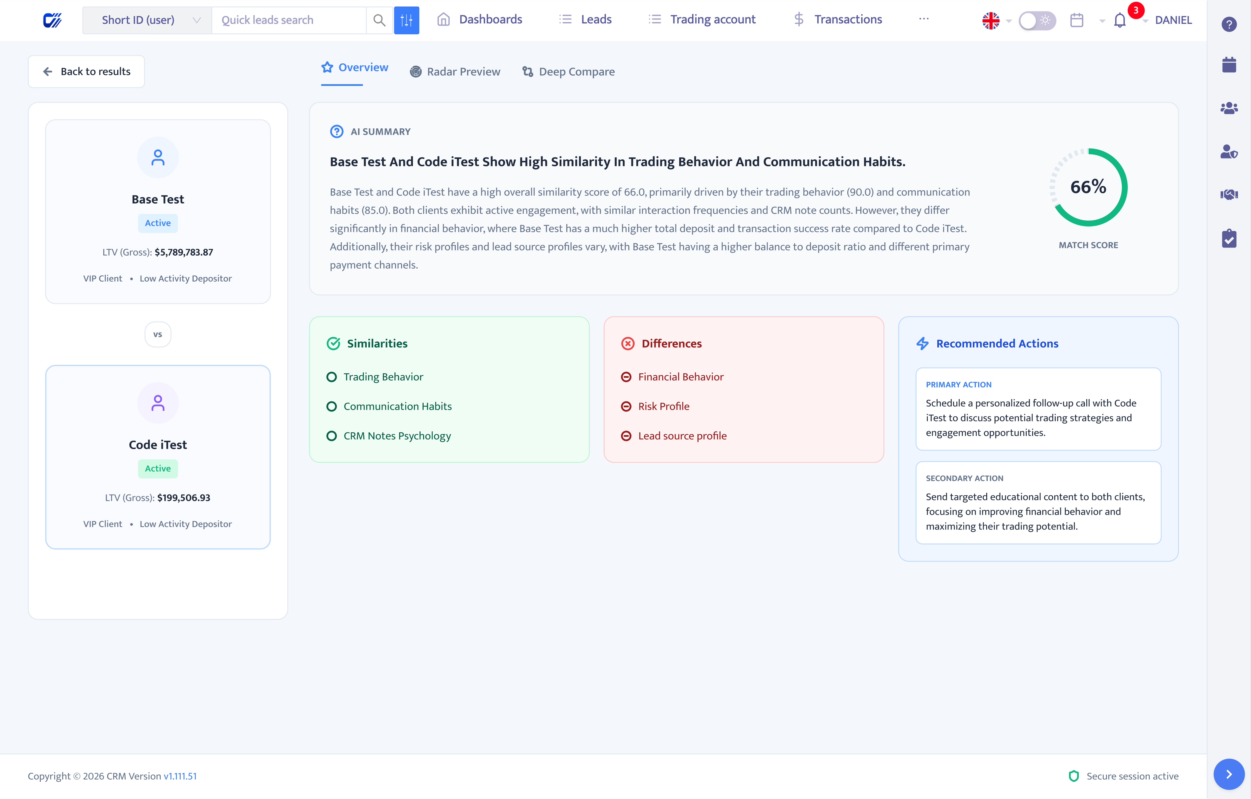 ClientLens overview showing an AI summary, match score, similarities, differences, and recommended actions