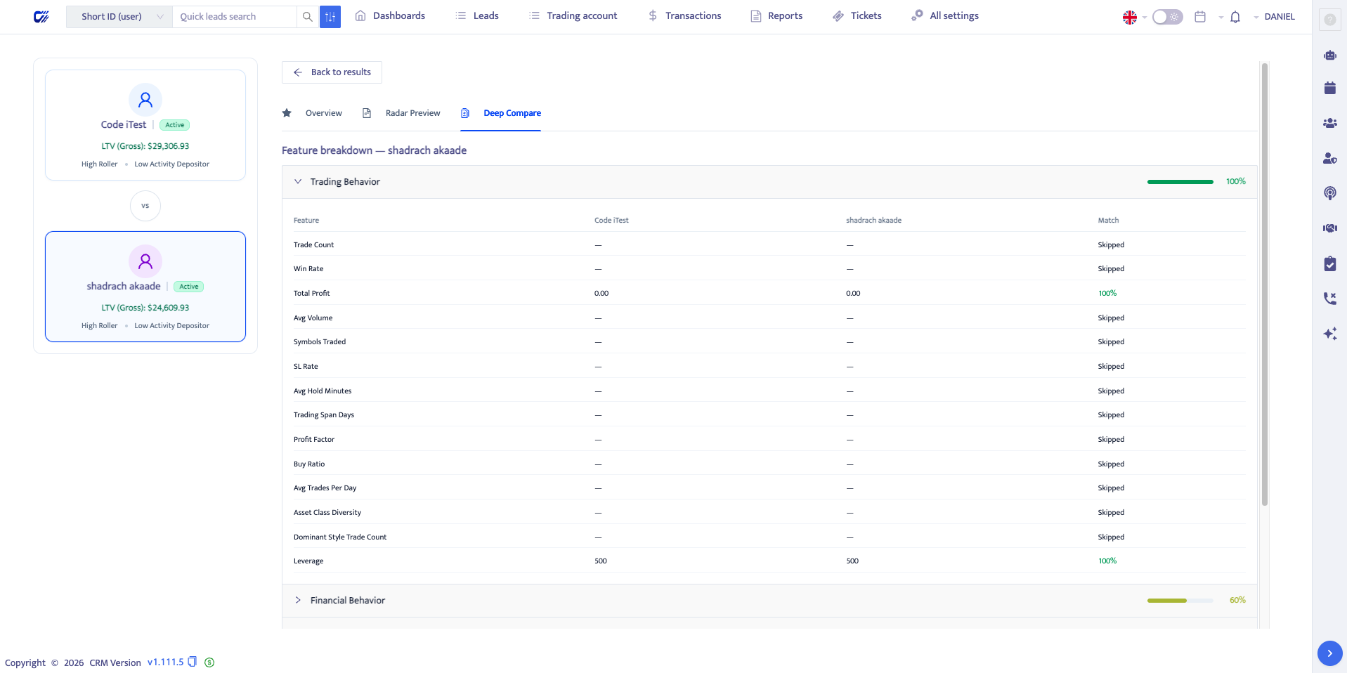 ClientLens Deep Compare feature breakdown with client values and match results