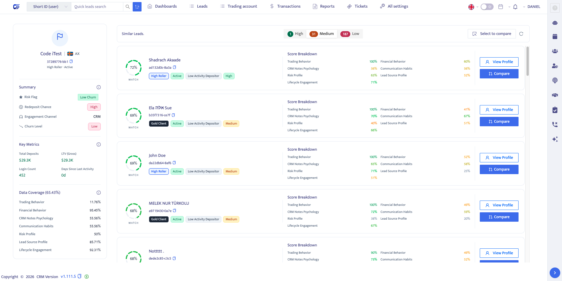 ClientLens ranked similar-client results with match score breakdowns