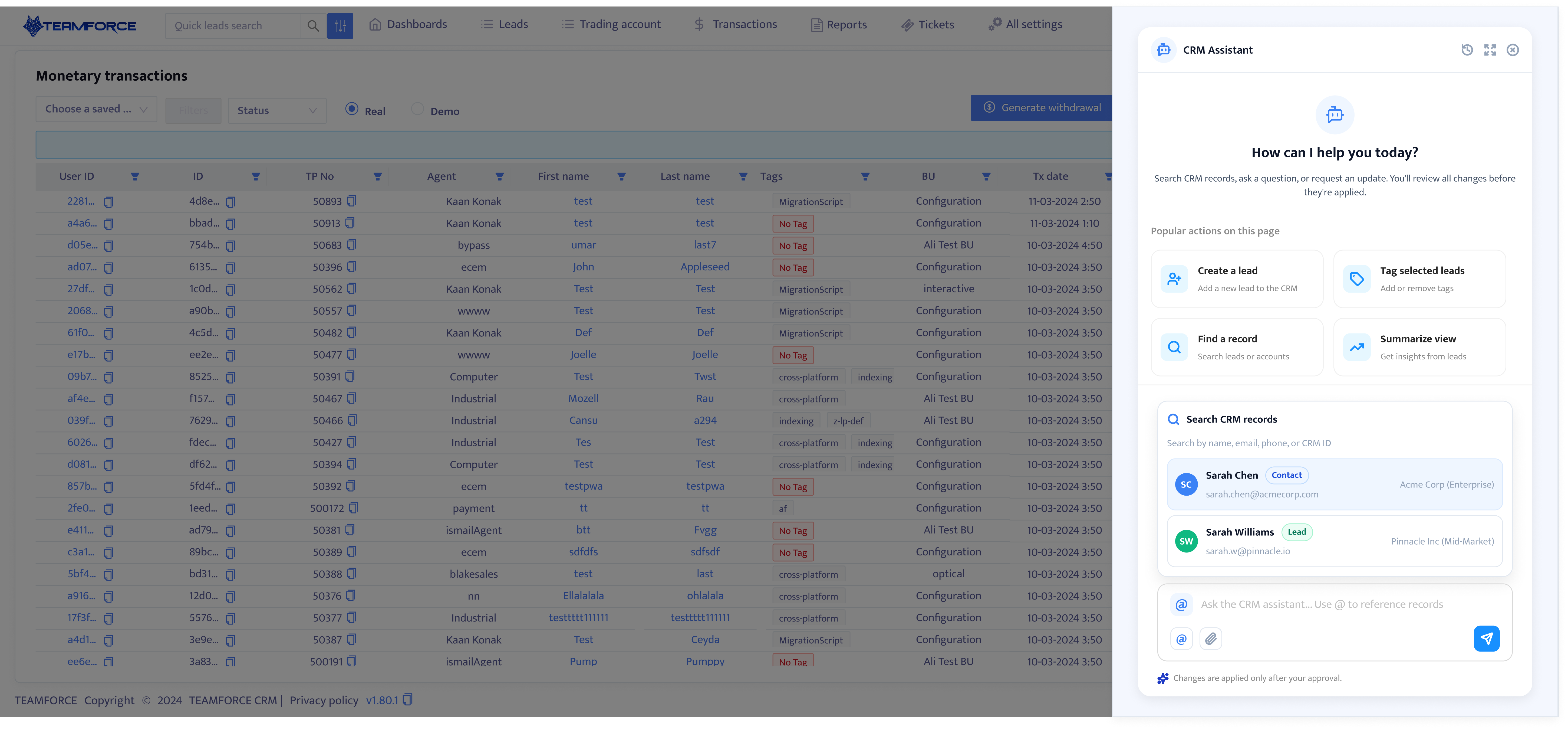 CRM Assistant mention search returning structured CRM records