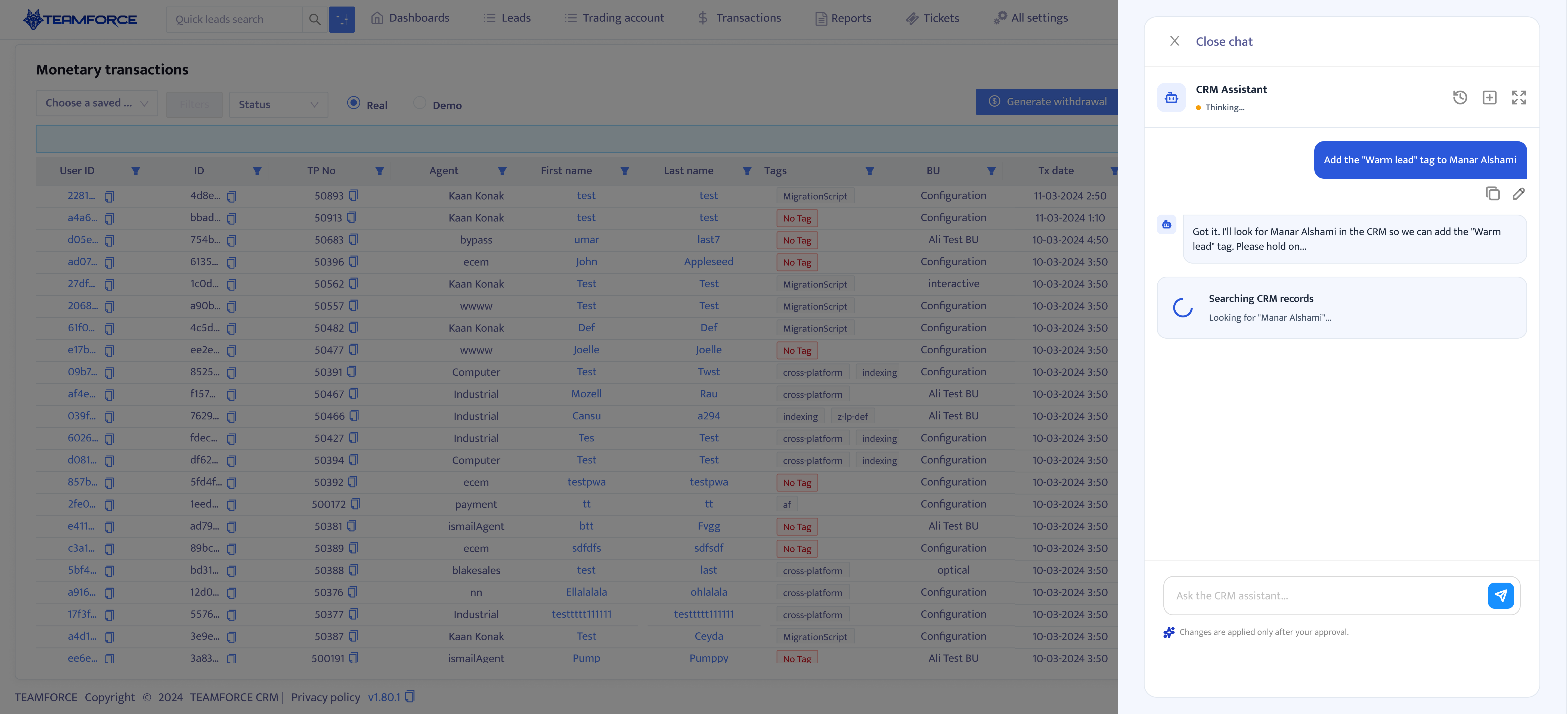 CRM Assistant interpreting a tagging request and resolving the target record