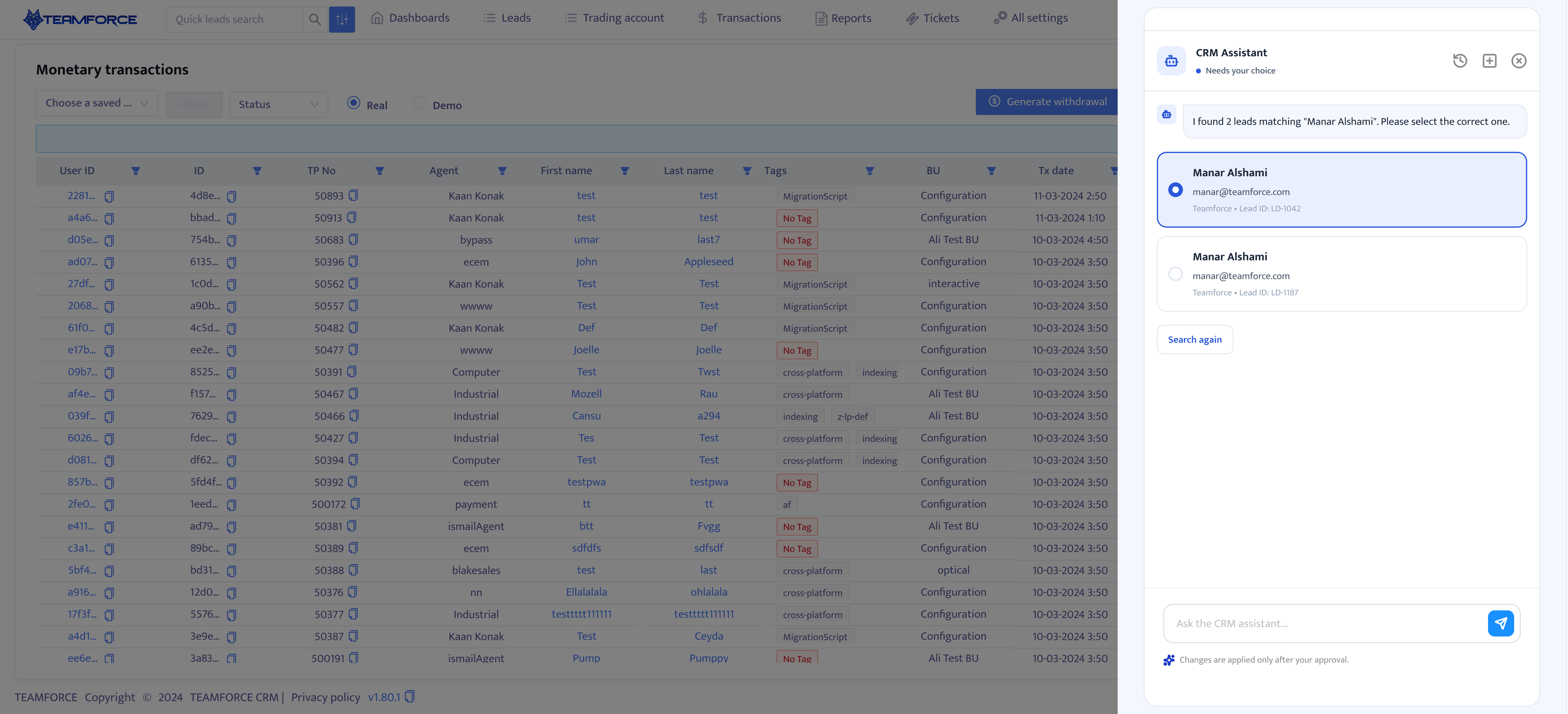 CRM Assistant asking the user to choose between duplicate record matches