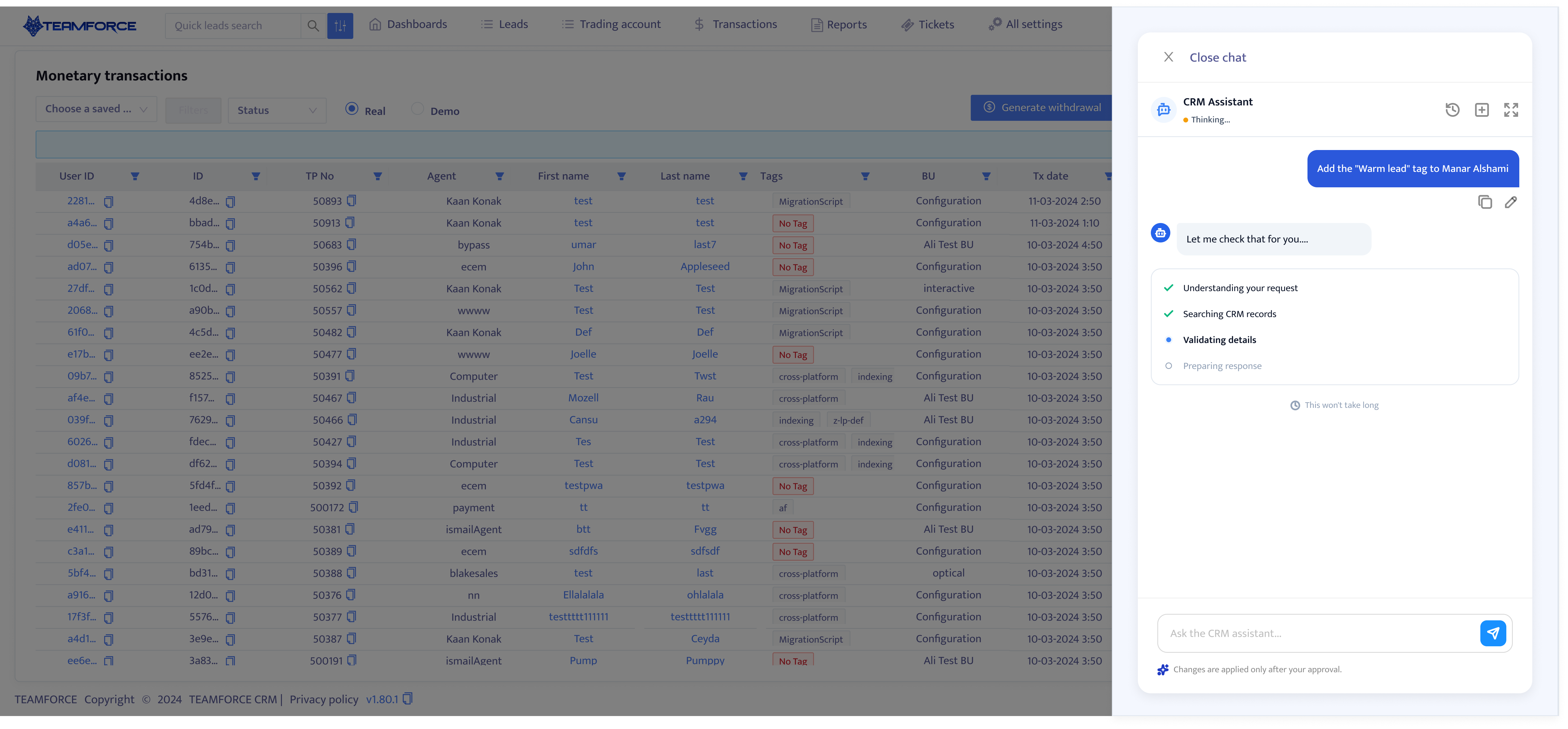 CRM Assistant showing transparent progress while preparing a controlled CRM operation